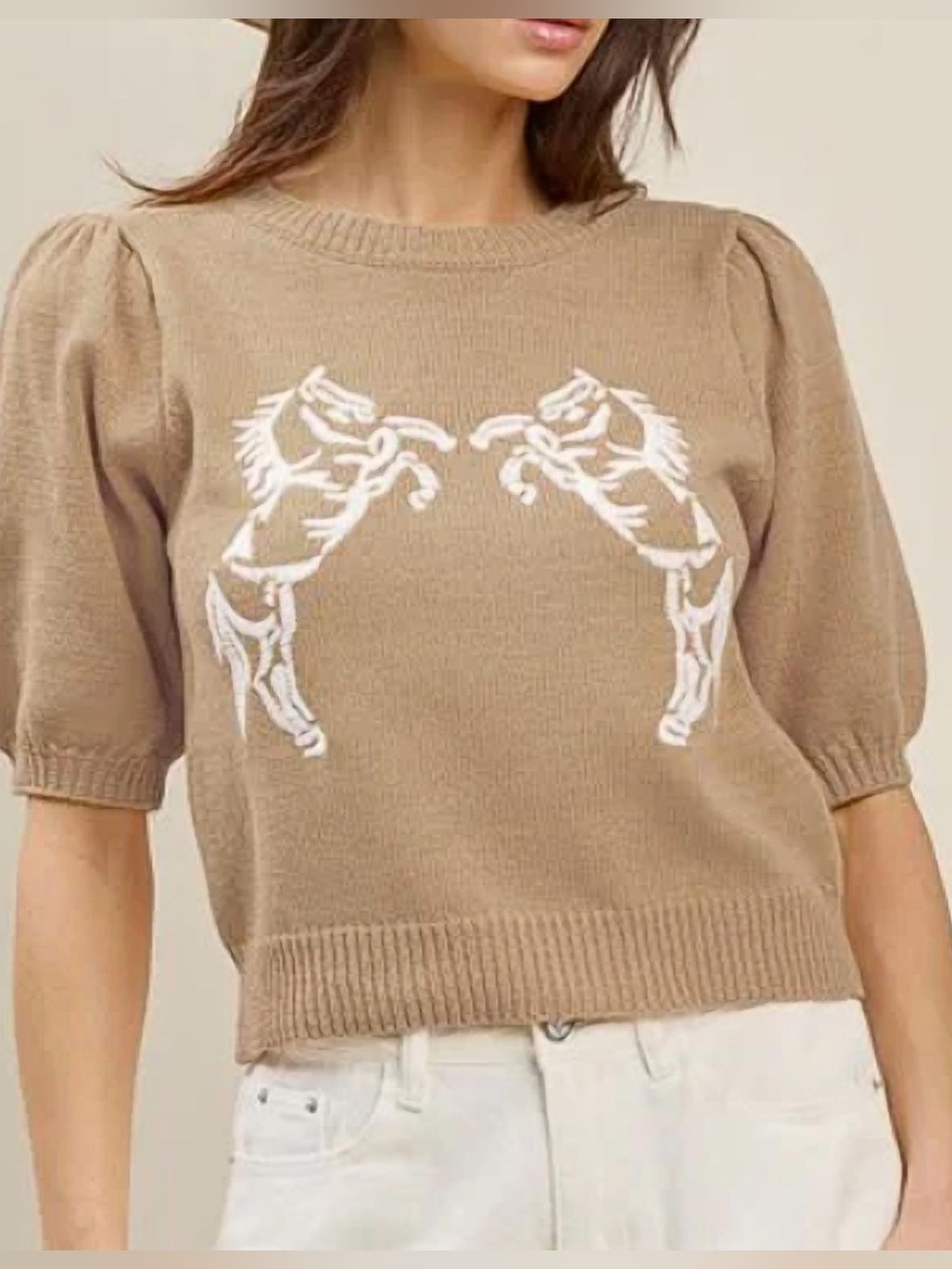 ABLE Marlee Horse Embroidered Puff Sleeve Sweater Beige Approx S NWOT